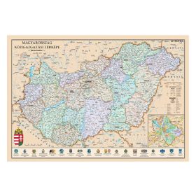   Szurkatábla, 140 x 100 cm, Magyaroszág közigazgatási térképe antik stílusban, fémkerettel