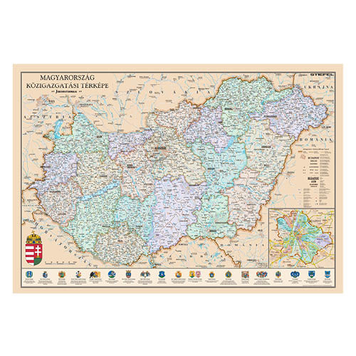 Szurkatábla, 140 x 100 cm, Magyaroszág közigazgatási térképe antik stílusban, fémkerettel