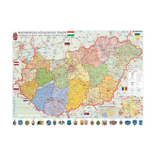 Falitérkép fémléccel Magyarország közigazgatása, címerekkel, 100 x 70 cm