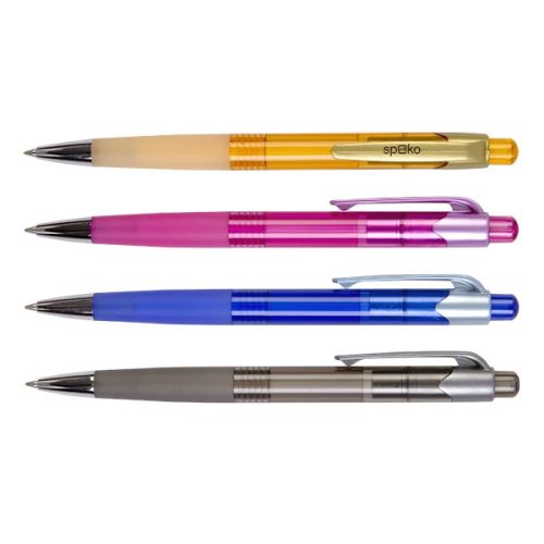 Golyósírón Spoko 0112 átlátszó testű - vegyes (kék, fekete, narancssárga, pink), kék íráskép