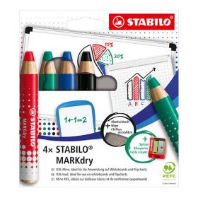   Táblaceruza készlet, 4 darabos, Stabilo MARKdry, vastag, + hegyező + törlőkendő