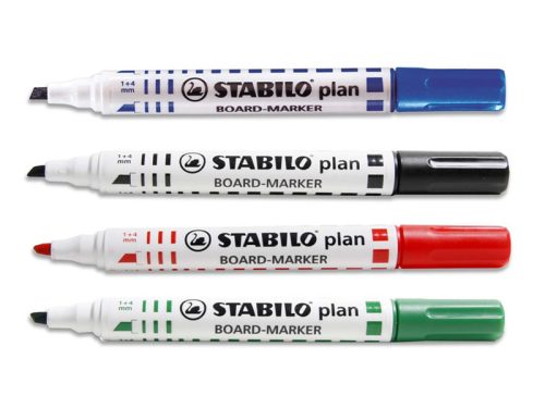 Táblamarker Stabilo Plan, 643/4, vágott hegyű, 4 darabos készlet