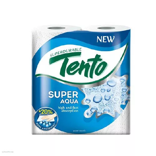 Kéztörlő Tento Super Aqua 2 rétegű, fehér, 2 x 44 lapos, 100% újrah. 2 tekercs/csomag