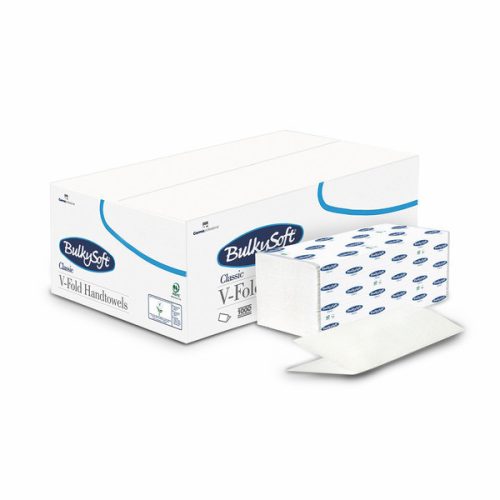 Kéztörlő  BulkySoft Classic, "V"hajtott, 2 rétegű, hófehér, 24x21 cm, 150 lap, 100% cellulóz